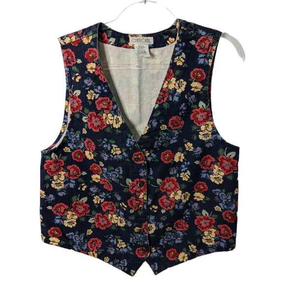 Vintage 90's Cherokee Floral Print Vest Cotton Canvas Blue Size Medium - Picture 1 of 6